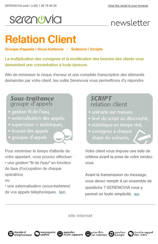 Serenovia, newsletter sur les groupes d'appels et les scripts d'appels