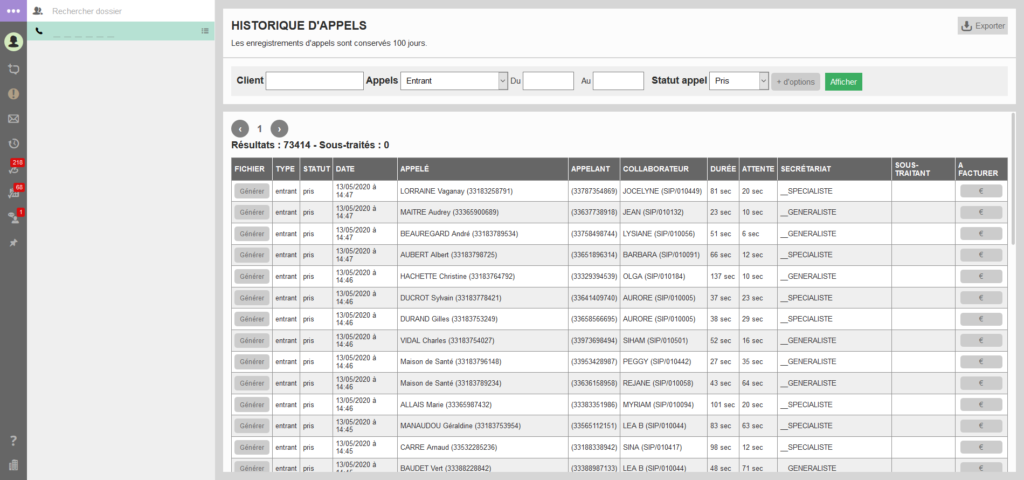 Dashboard - Historique d'appels